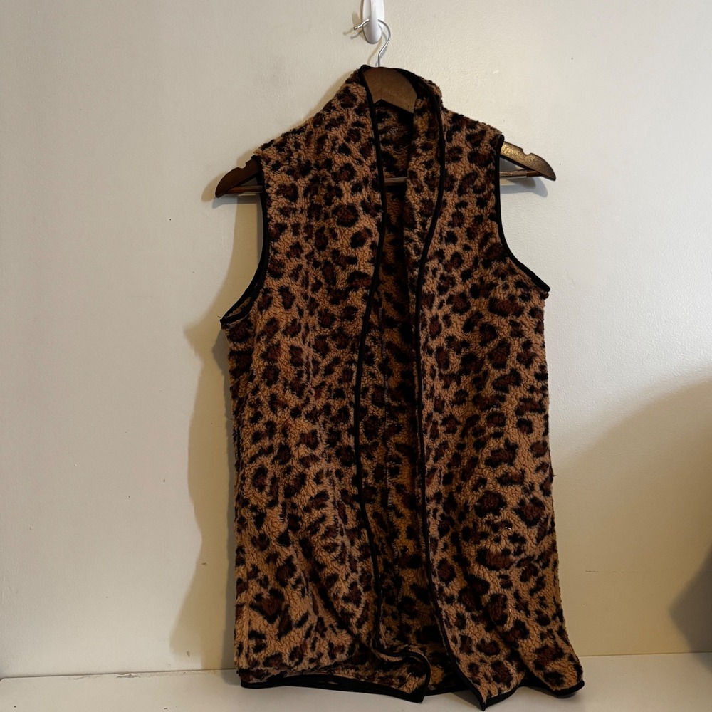 Girls Sz 12Y Leopard Print Brown Black Sherpa Fleece Open Front Vest